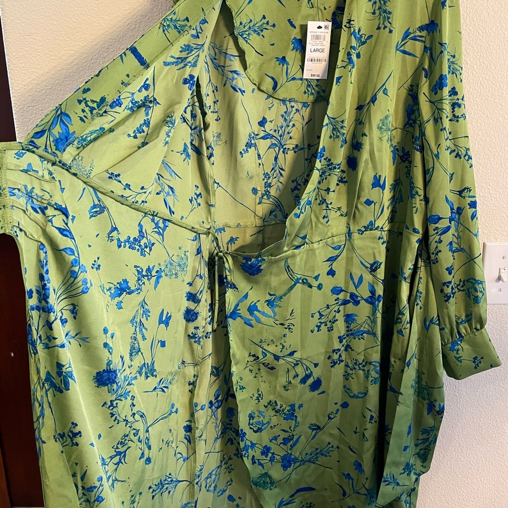 INC Green and Blue Floral Wrap Dress - Picture 5 of 7